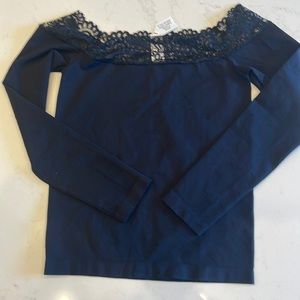 Black spandex, tight lace neck shirt